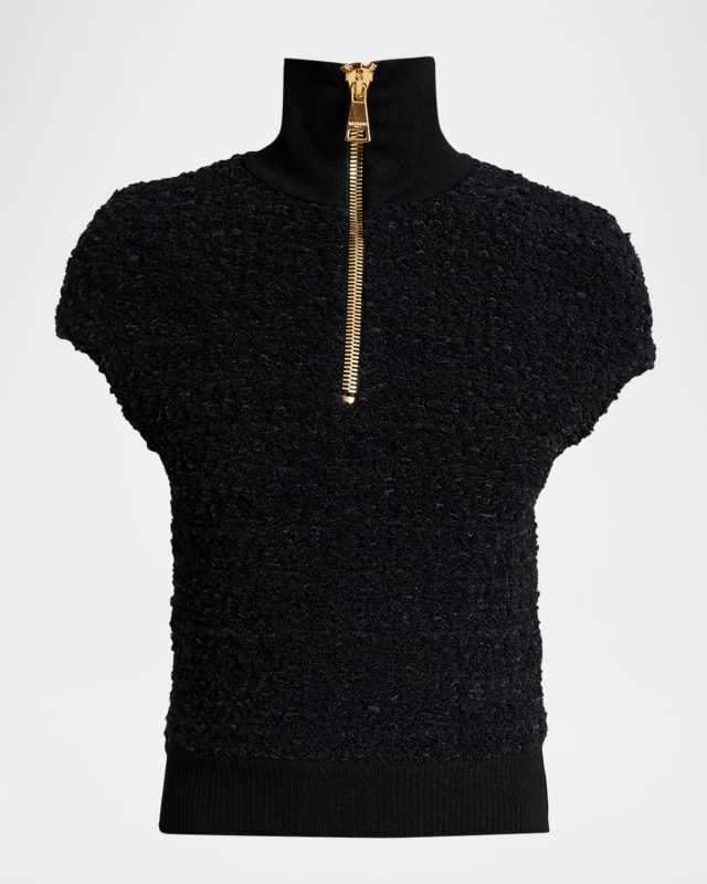Short-Sleeve Textured Wool Zip Top